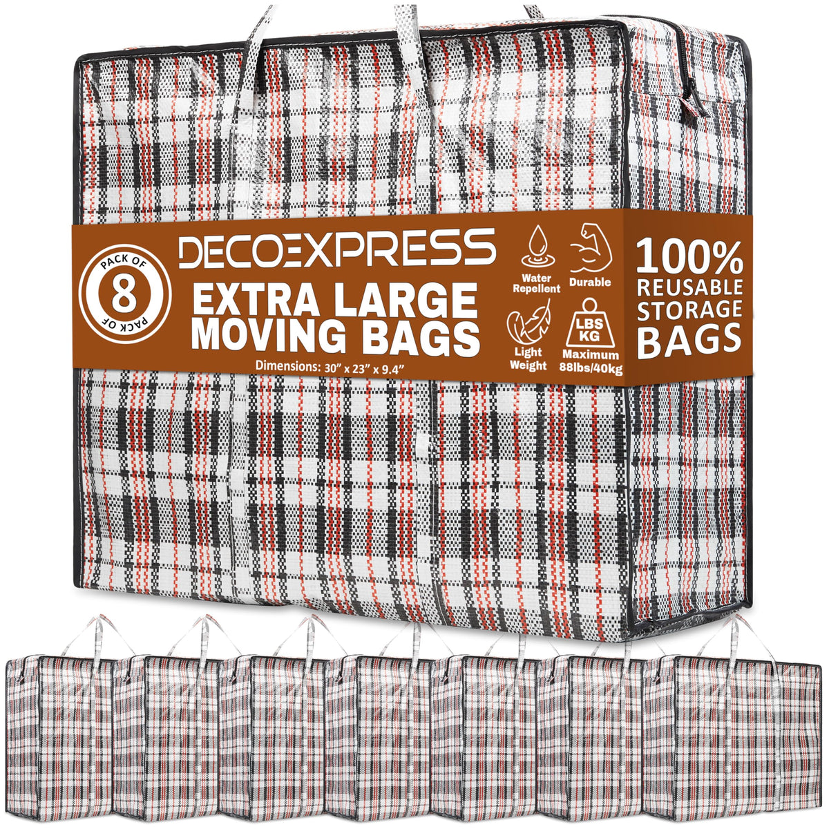 DECO EXPRESS Wäschesack XXL 75 l mit Reissverschluss, 8er-Pack – Aufbewahrungstasche mit Tragegriffen
