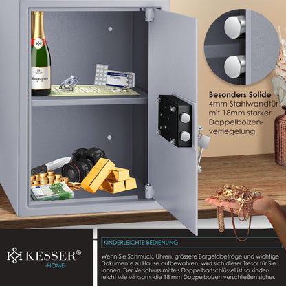 KESSER Safe Möbeltresor Doppelbartschloss – 50x35x31cm Silber