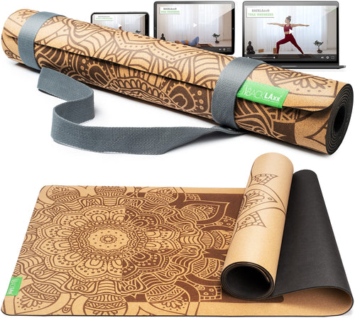 BACKLAXX Yogamatte Kork Naturkautschuk - FAZ Testsieger. Gerollte Matte aus hellem Kork. Bietet Rutschfestigkeit & Dämpfung beim Yoga.
