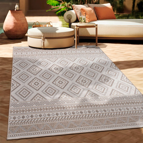 Paco Home Outdoor Teppich Boho Flachgewebe Beige 160x220 cm mit Ethno-Muster für Terrasse und Balkon