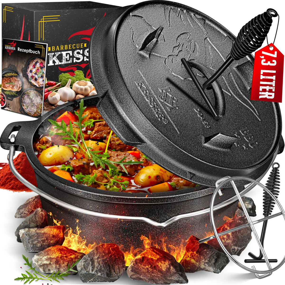 KESSER Dutch Oven Set 7,3 Liter Gusseisen Feuertopf mit Deckelheber, Tragehenkel und Wendedeckel