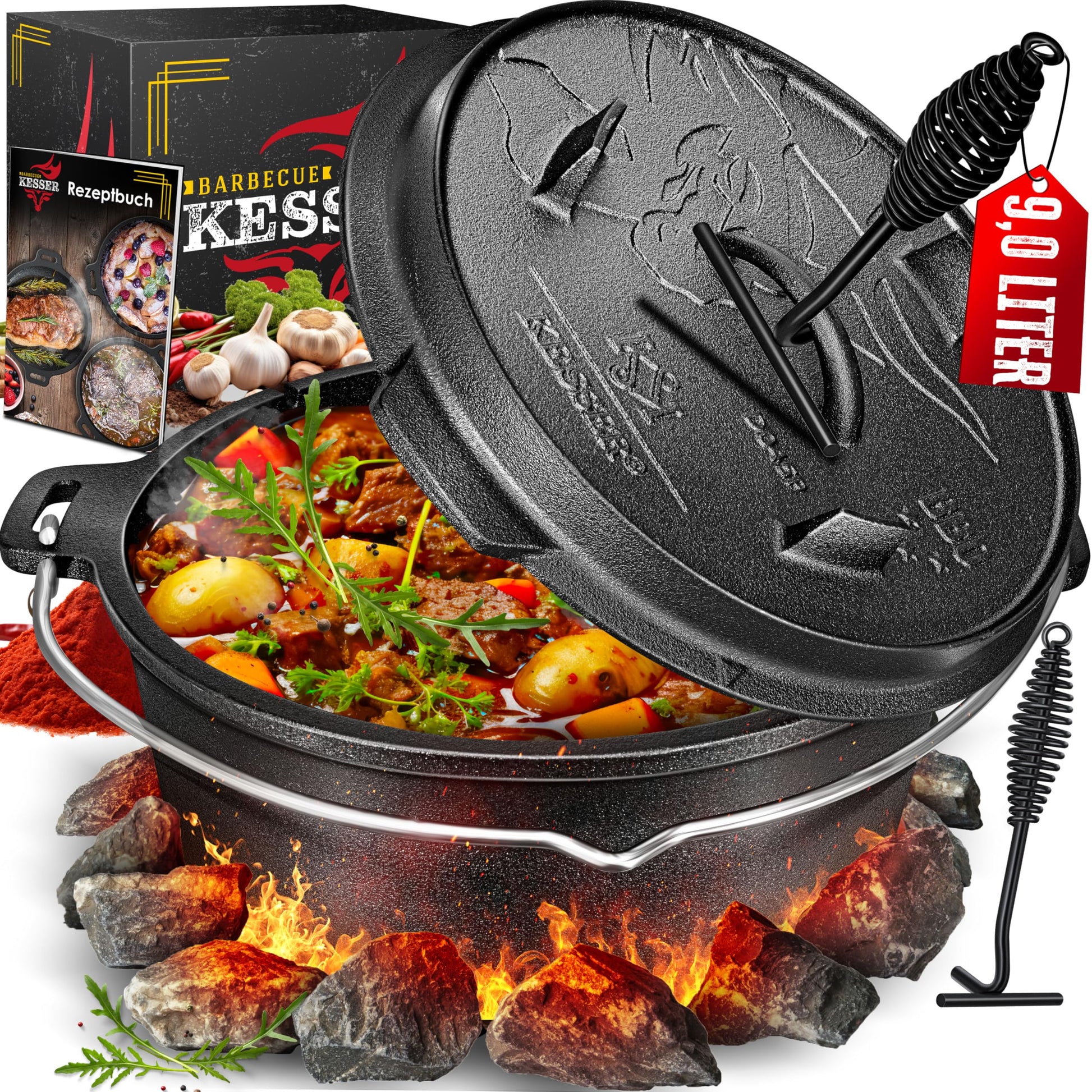 KESSER® Dutch Oven Set BBQ 9L - Gusseisen Feuertopf mit Füssen, schwarz. Zum Kochen, Backen, Braten im Freien über Feuer.
