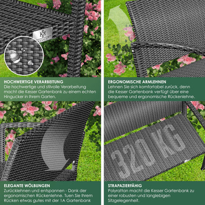KESSER Gartenbank Polyrattan 2-Sitzer wetterfest - Anthrazit